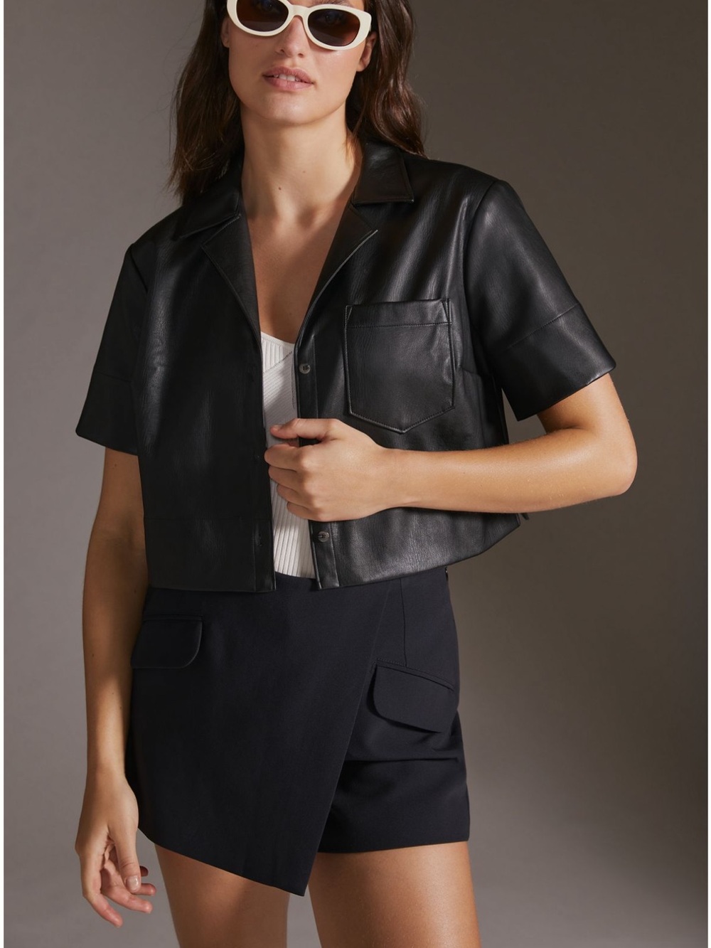 Anthropologie Black Cropped Leather Short-Sleeve Jacket